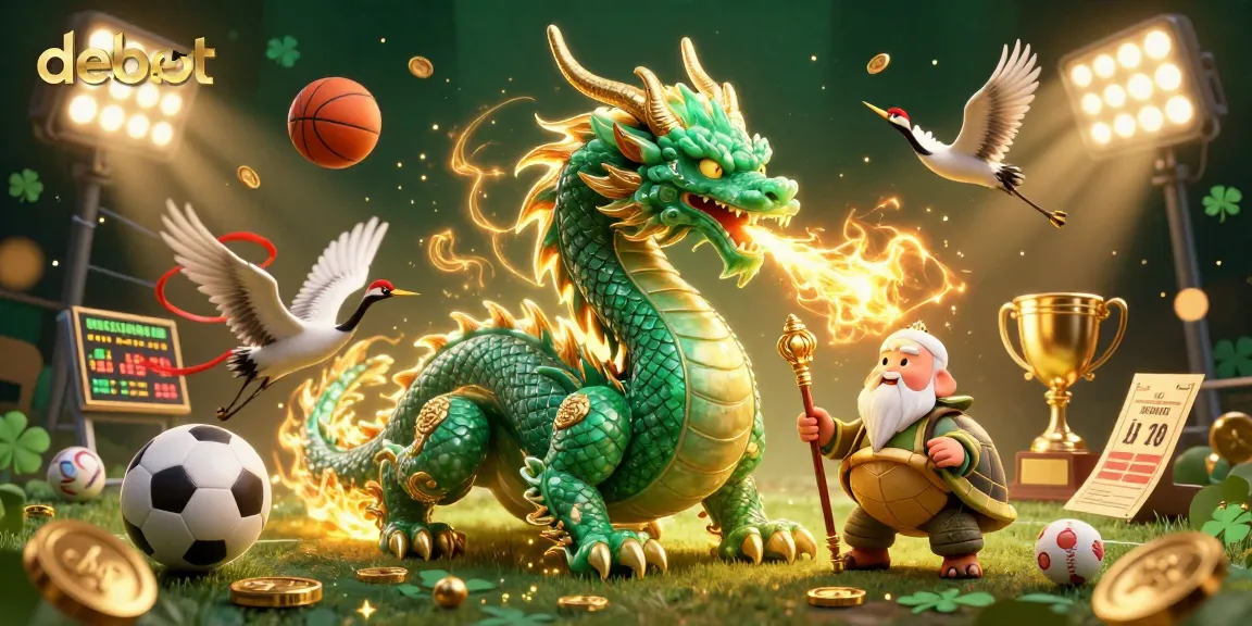 Experience the thrilling world of debet with a dynamic scene featuring a jade dragon, lucky cranes, and sports elements.