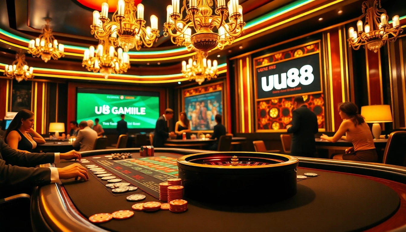 Experience thrilling bets at uu88 with a luxurious casino atmosphere showcasing poker, roulette, and more.