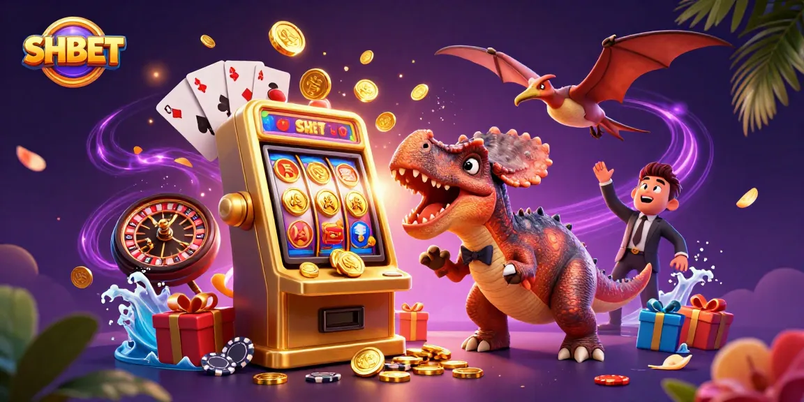 SHBET creates excitement as a dinosaur interacts with a golden slot machine, bursting with coins and thrill.