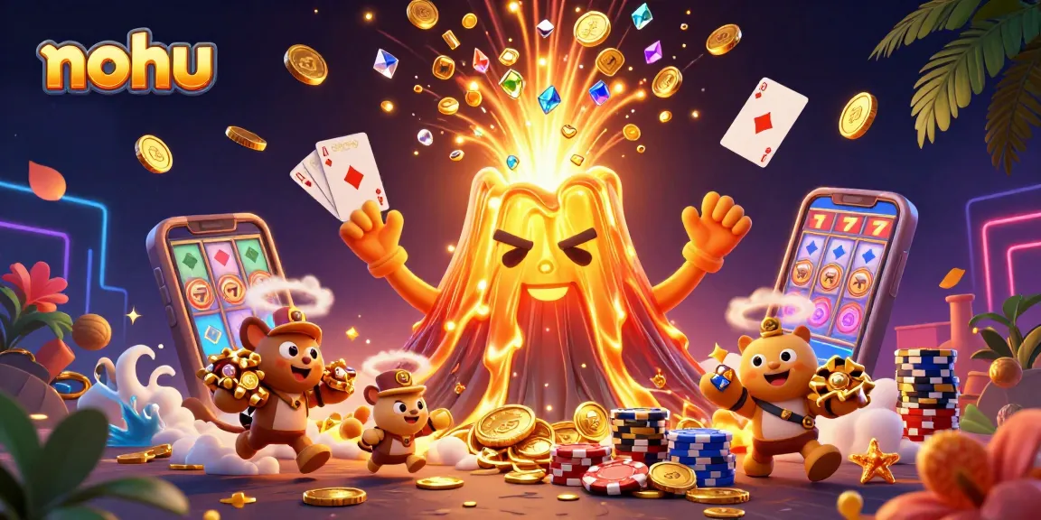 Nohu casino game action with golden volcano, vibrant coins, and winning cards scene.