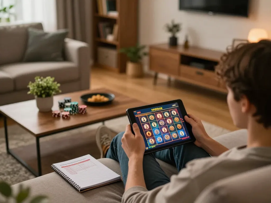 Playing 99ok slots on a tablet in a cozy home setting, showcasing a strategic gaming atmosphere.