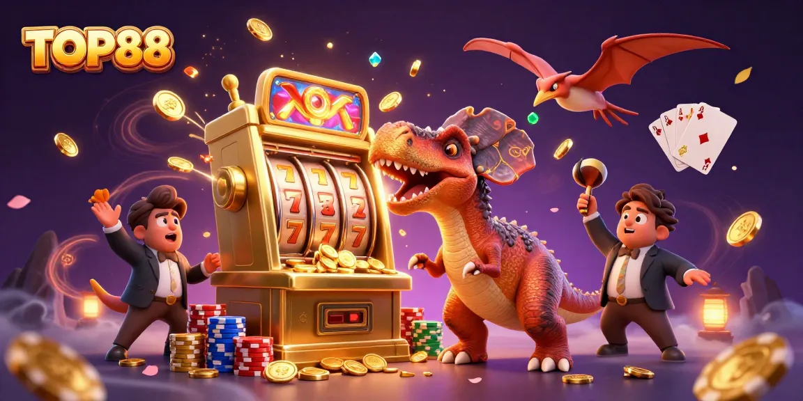 TOP88 brings excitement alive as a dinosaur interacts with a golden slot machine amidst casino chaos.