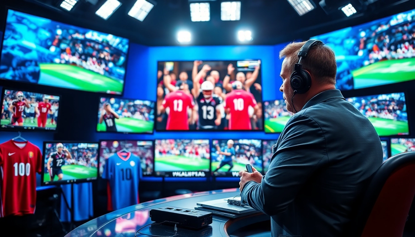 Sports Broadcasting expert delivering exciting game highlights in a professional studio setting.