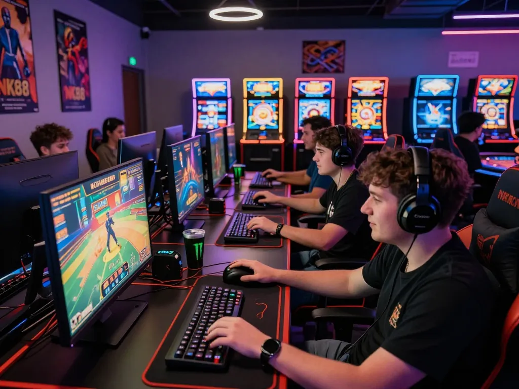Excited friends playing games on the NK88 platform in a lively online gaming environment.