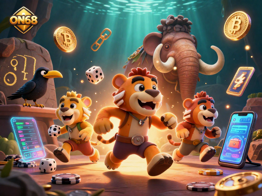 Experience thrilling gaming at ON68, where cavemen and tigers run a prehistoric casino with vibrant digital assets.