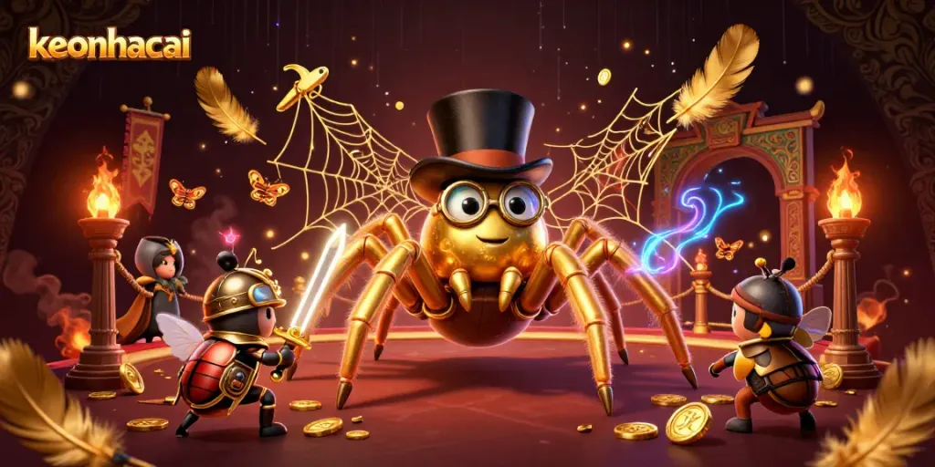 Engage with keonhacai featuring a golden tarantula weaving webs in a rich casino atmosphere.