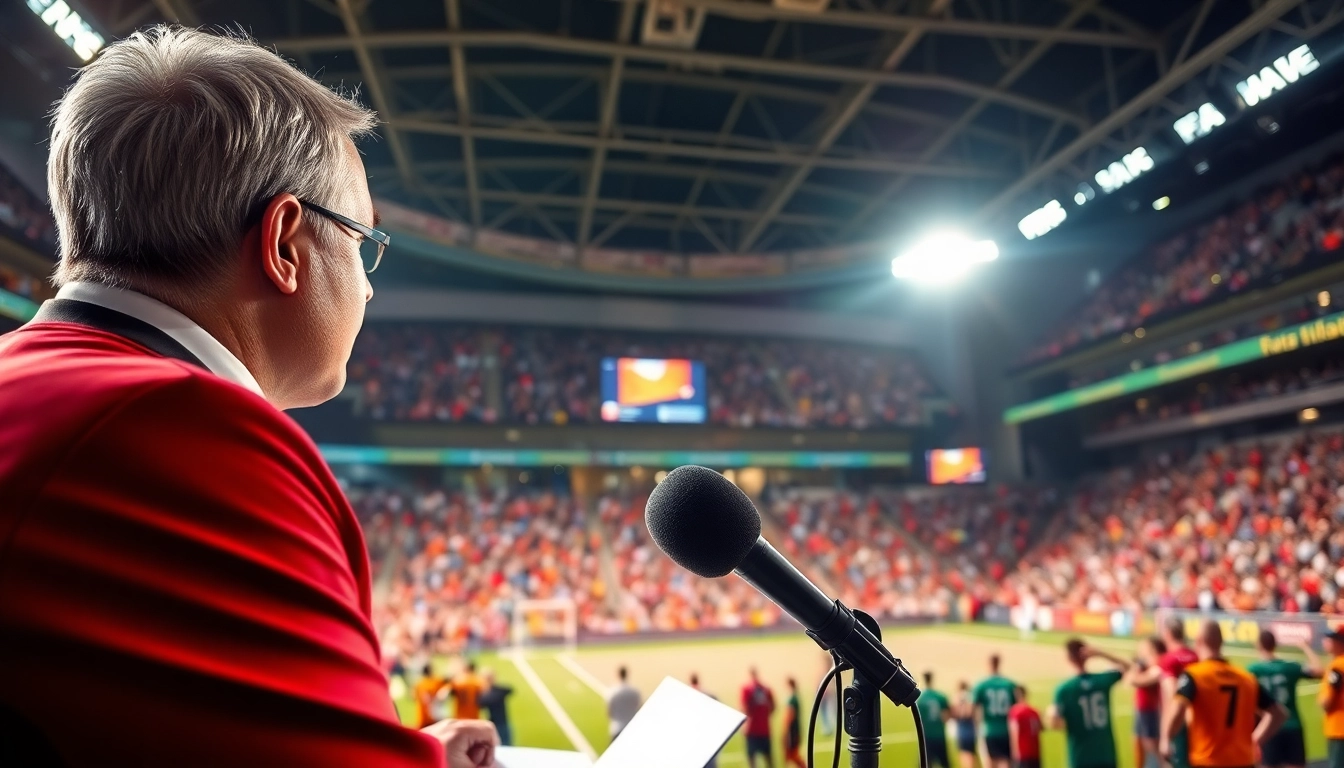 Captivating sports broadcasting moment highlighting a commentator amid an energetic audience.