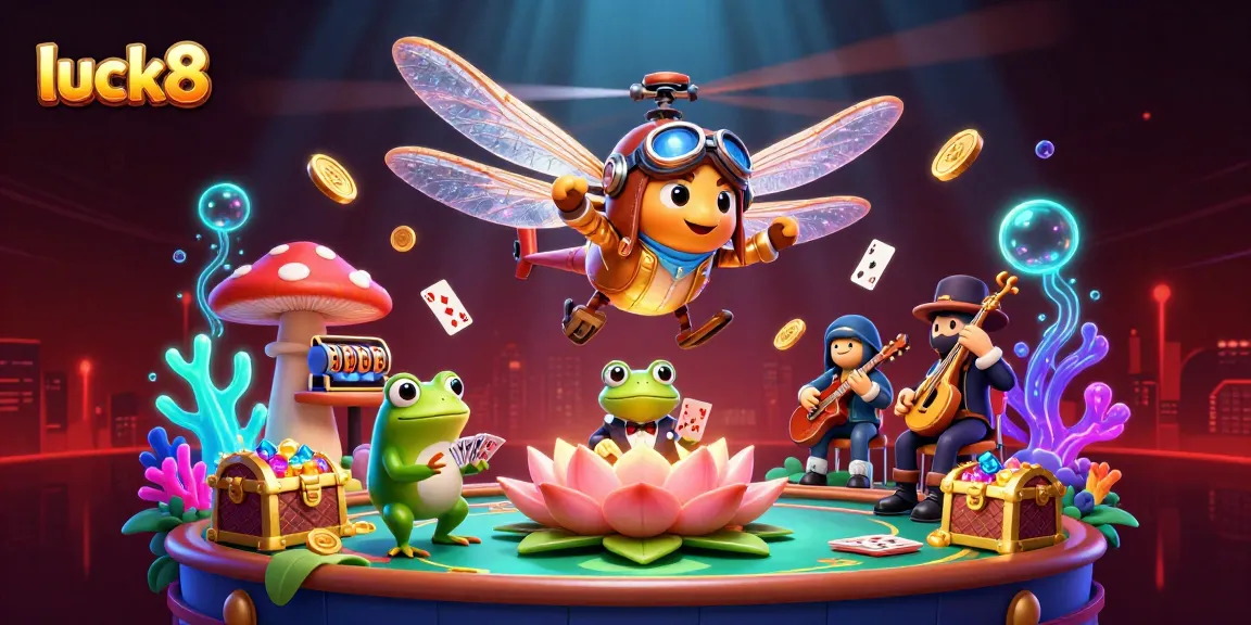 Experience exciting gaming action at luck8 with a dragonfly pilot and frog croupier in a vibrant casino scene.