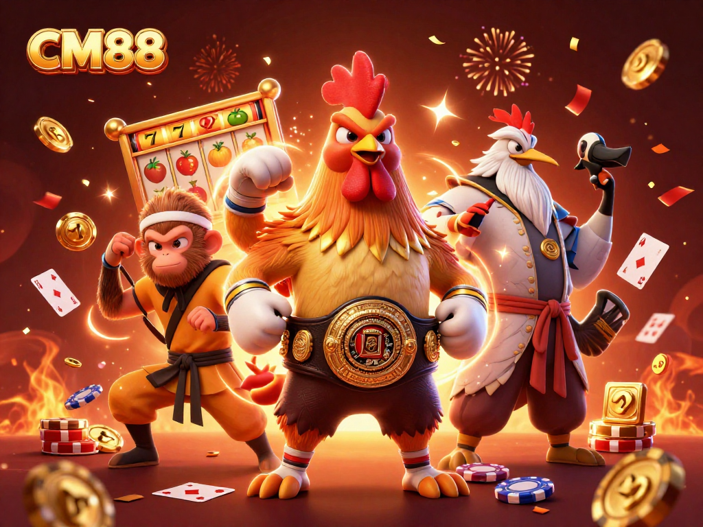 Compete and win at CM88 with a lively casino scene featuring characters and slot game elements in a festive atmosphere.