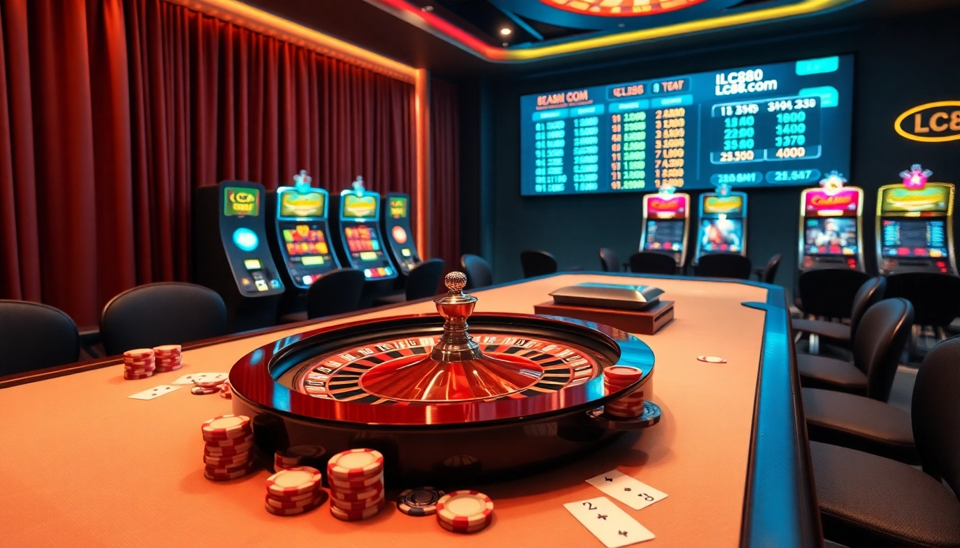 Exciting casino scene at lc88 com with roulette, poker chips, and vibrant slot machines.