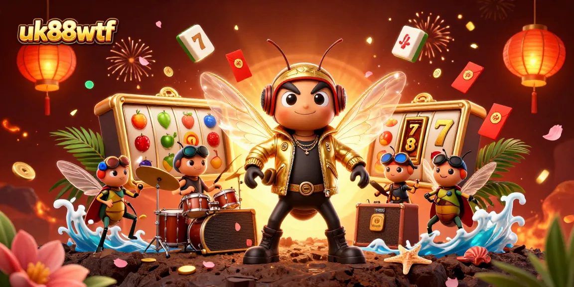 Engage in vibrant casino action with uk88wtf's energetic 3D scene showcasing a rock star and slot reels.
