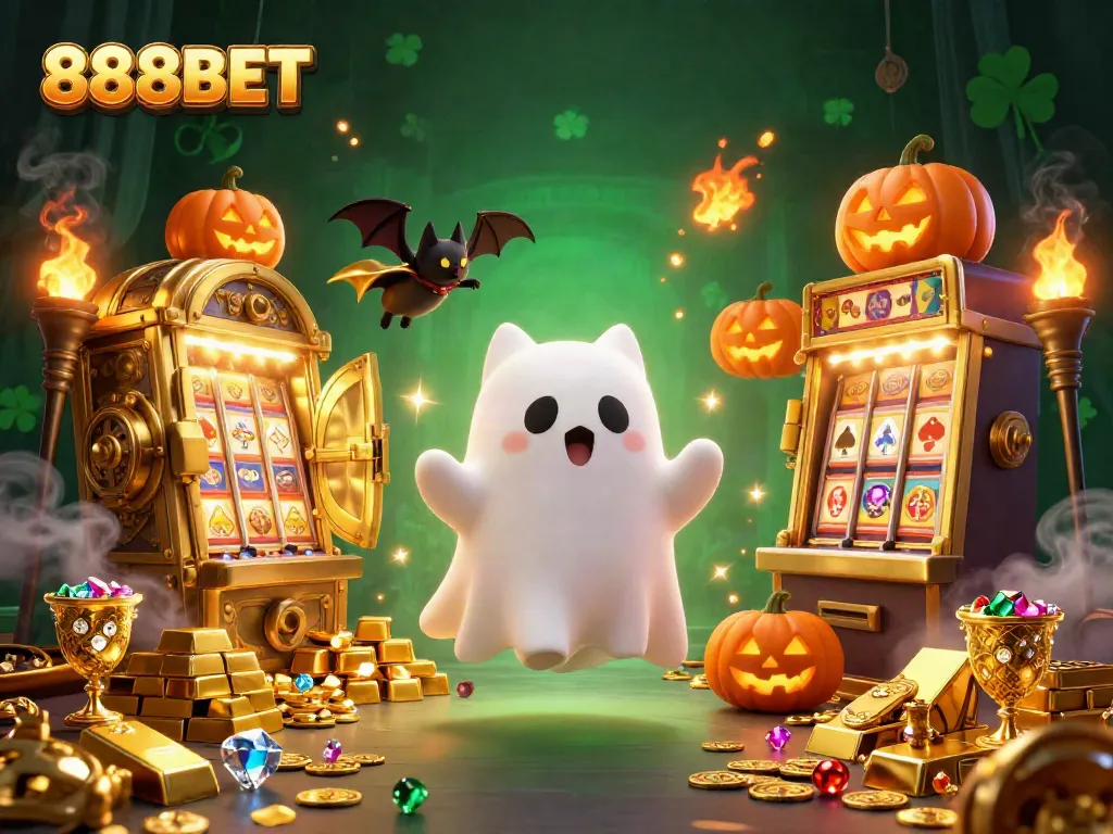 Engage with 888BET in a vibrant haunted casino scene featuring a friendly ghost cat and treasure.