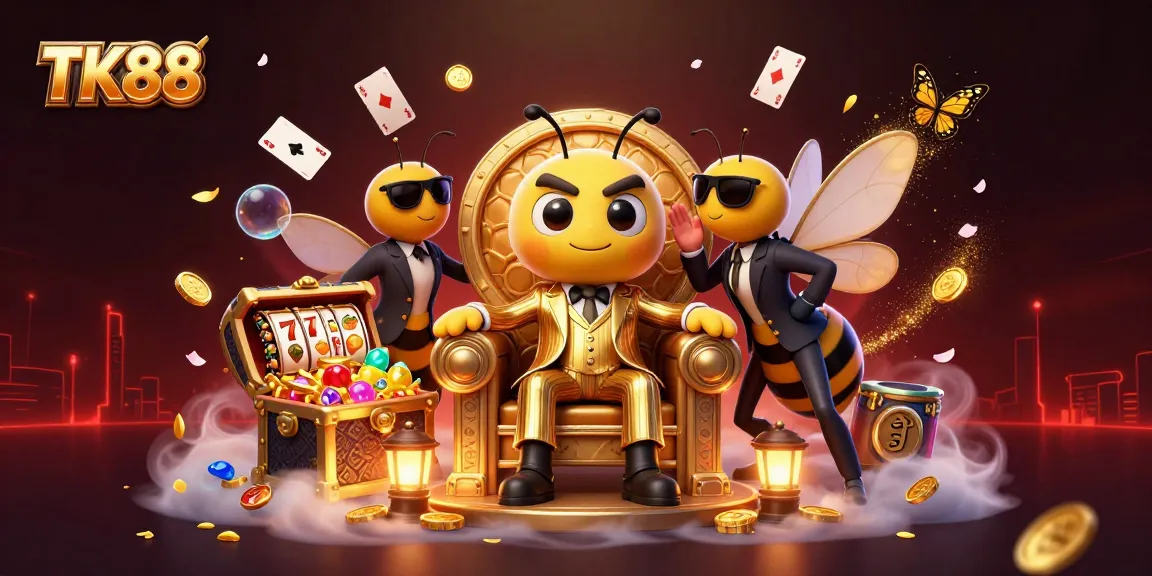 TK88 showcases a vibrant, thrilling casino scene with a 3D cartoon bumblebee mob boss and dynamic game elements.