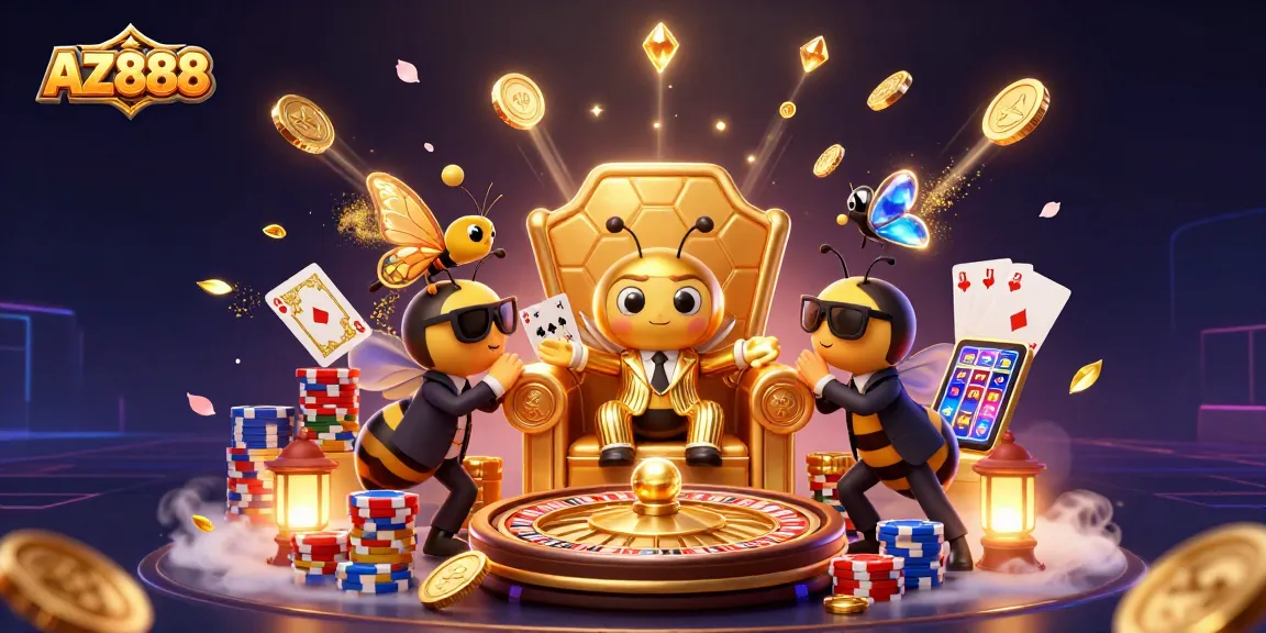 Engage your luck at AZ888 with vibrant casino elements and dynamic characters in a thrilling illustration.