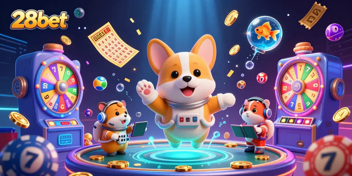 Experience the exciting universe of 28bet with animated characters in a vibrant casino scene.