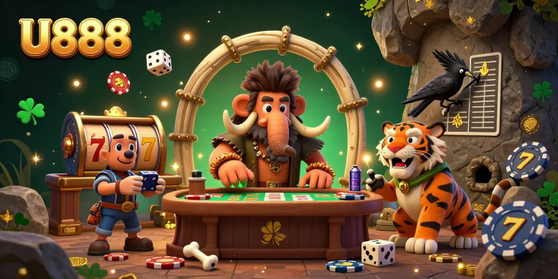 Place your bets at U888's vibrant prehistoric casino with a lively caveman and sabertooth tiger duo!
