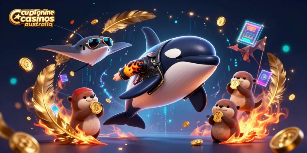 Experience thrilling action in crypto online casinos Australia with playful orca, stingray, and otters surrounding blockchain coins.