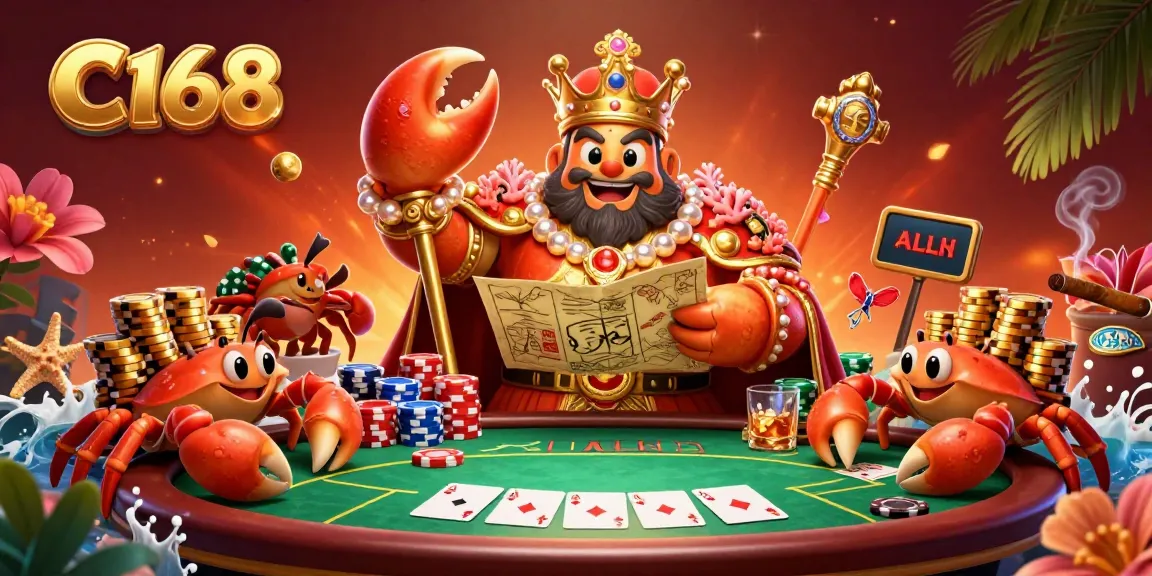 C168 casino scene featuring a golden crab emperor, poker elements, and vibrant decorations