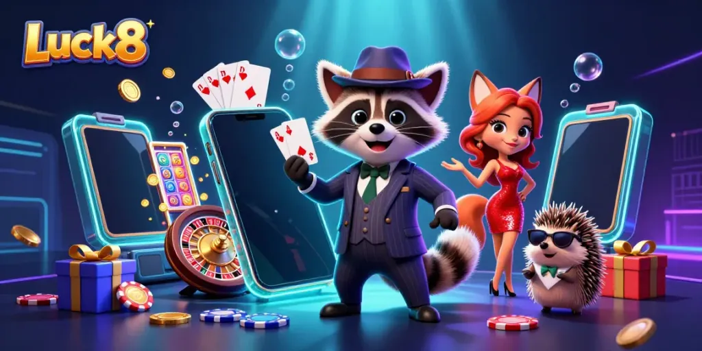 Engage with the vibrant Luck8 casino world, showcasing a suave raccoon, a stylish fox, and a diligent hedgehog amidst dynamic gaming elements.