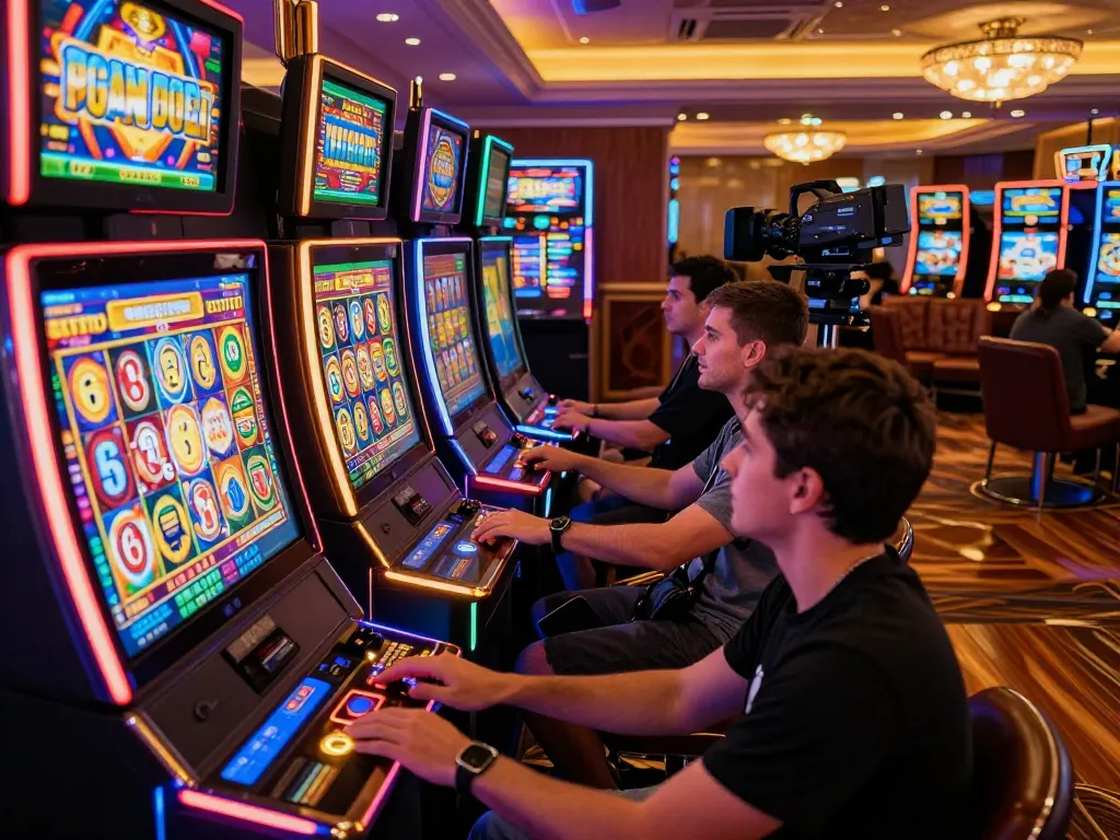 Players engaging with vibrant slot machines at 45678 nhà cái, highlighting dynamic gameplay excitement.