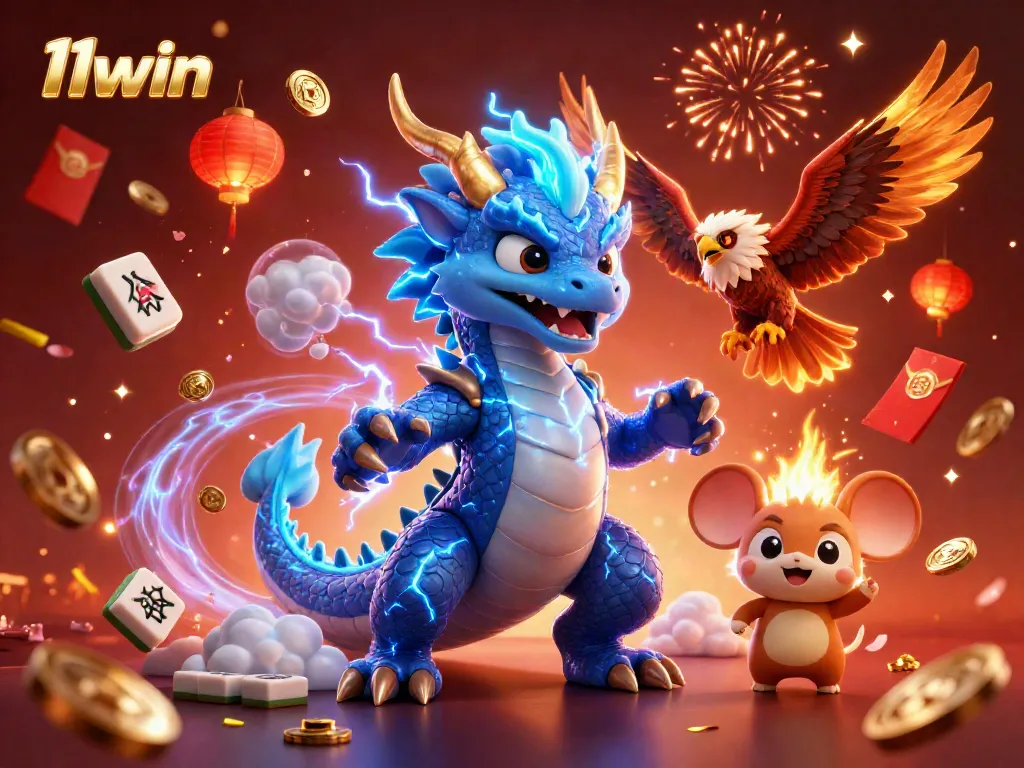 Join the excitement at 11win with a vibrant casino scene full of dynamic characters and gaming symbols.