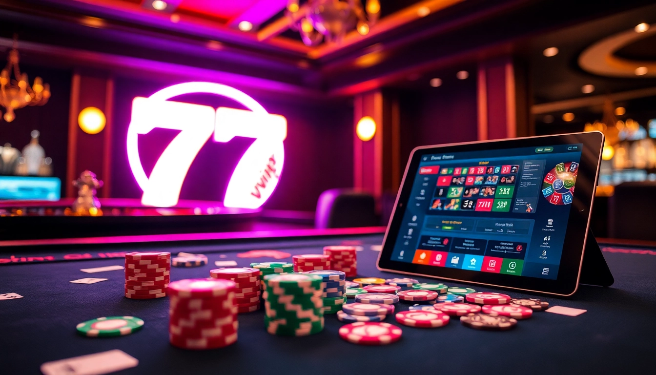 Experience the excitement of 777vip at a luxury casino with poker chips, cards, and roulette.