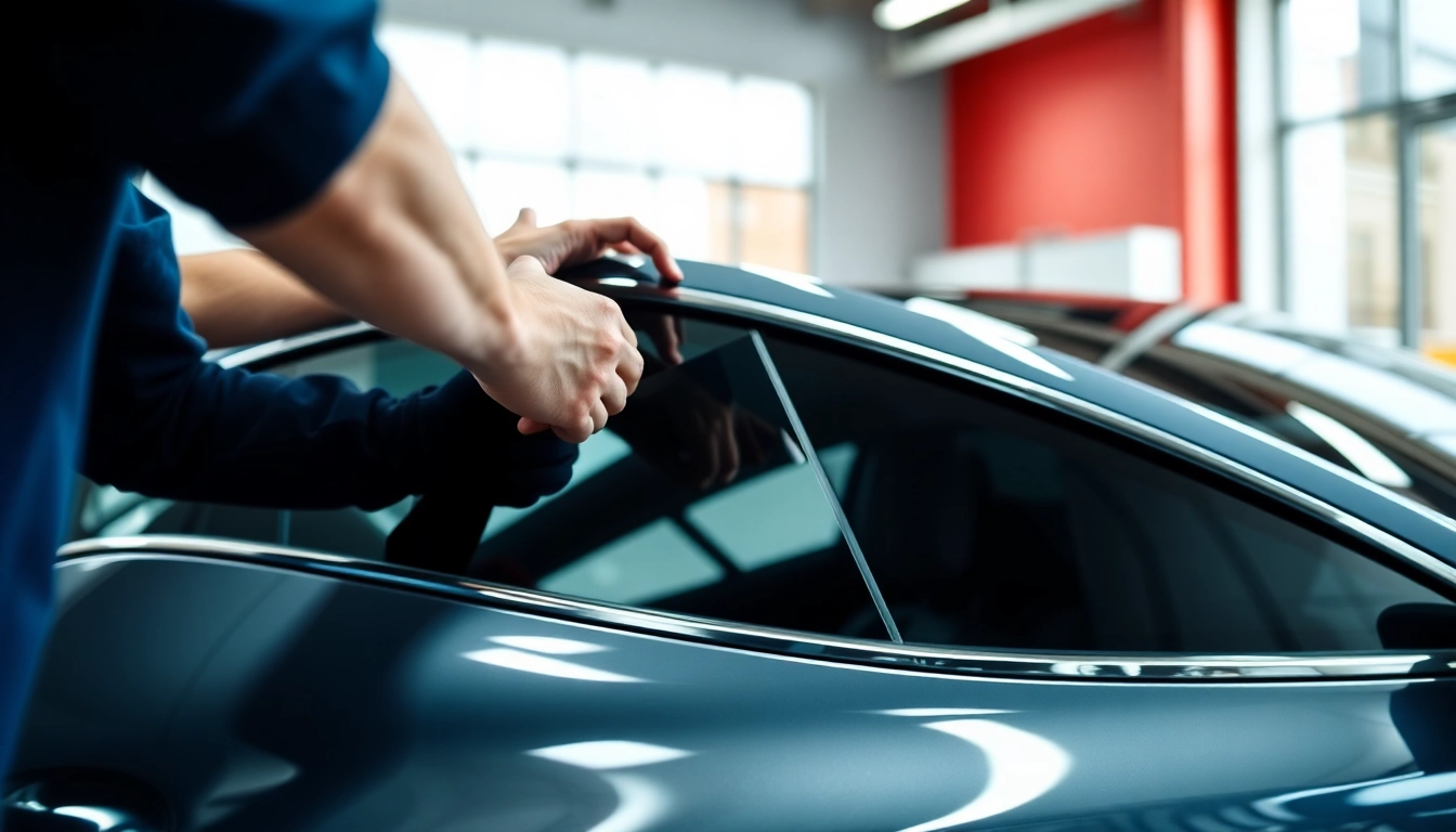 Apply window tint near me for enhanced privacy and style in a modern car garage.