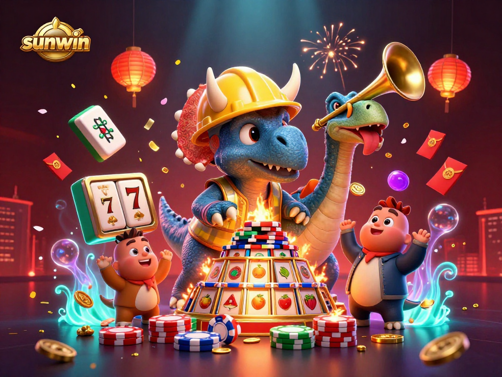 Celebrate winning moments at sunwin with a dynamic 3D illustration of cartoon creatures amidst rich casino themes.