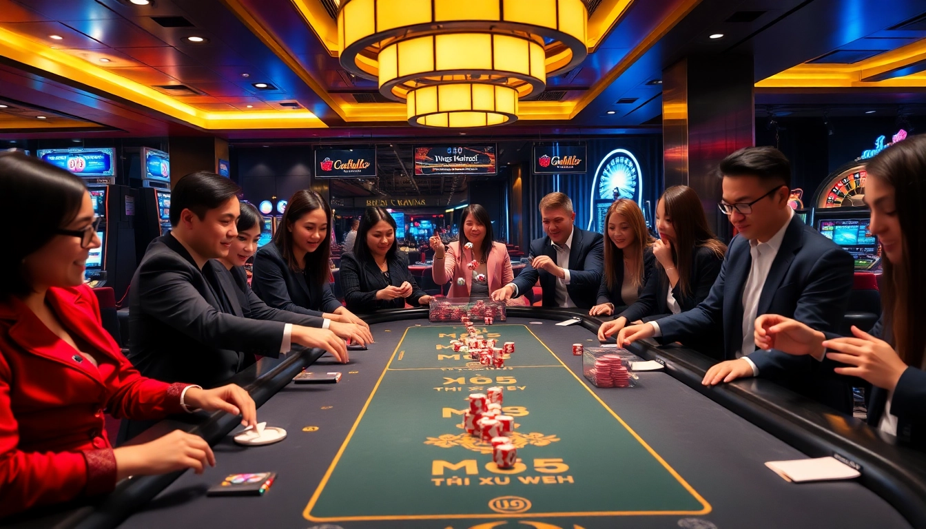 Players enjoying a game of tài xỉu md5 at a luxurious casino table, surrounded by excitement and vibrant atmosphere.