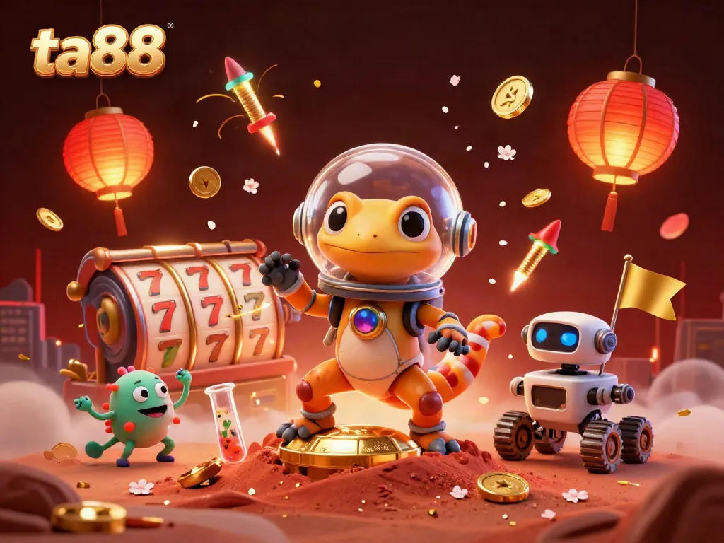 Explore the dynamic world of ta88 with a Martian gecko uncovering a golden casino amidst festive elements.