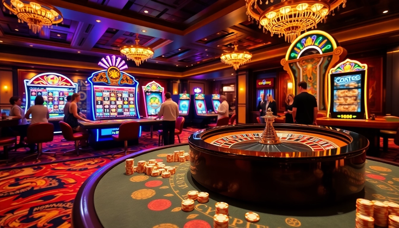 Players engaging with exciting games at tg88 casino, featuring vibrant roulette and poker elements.