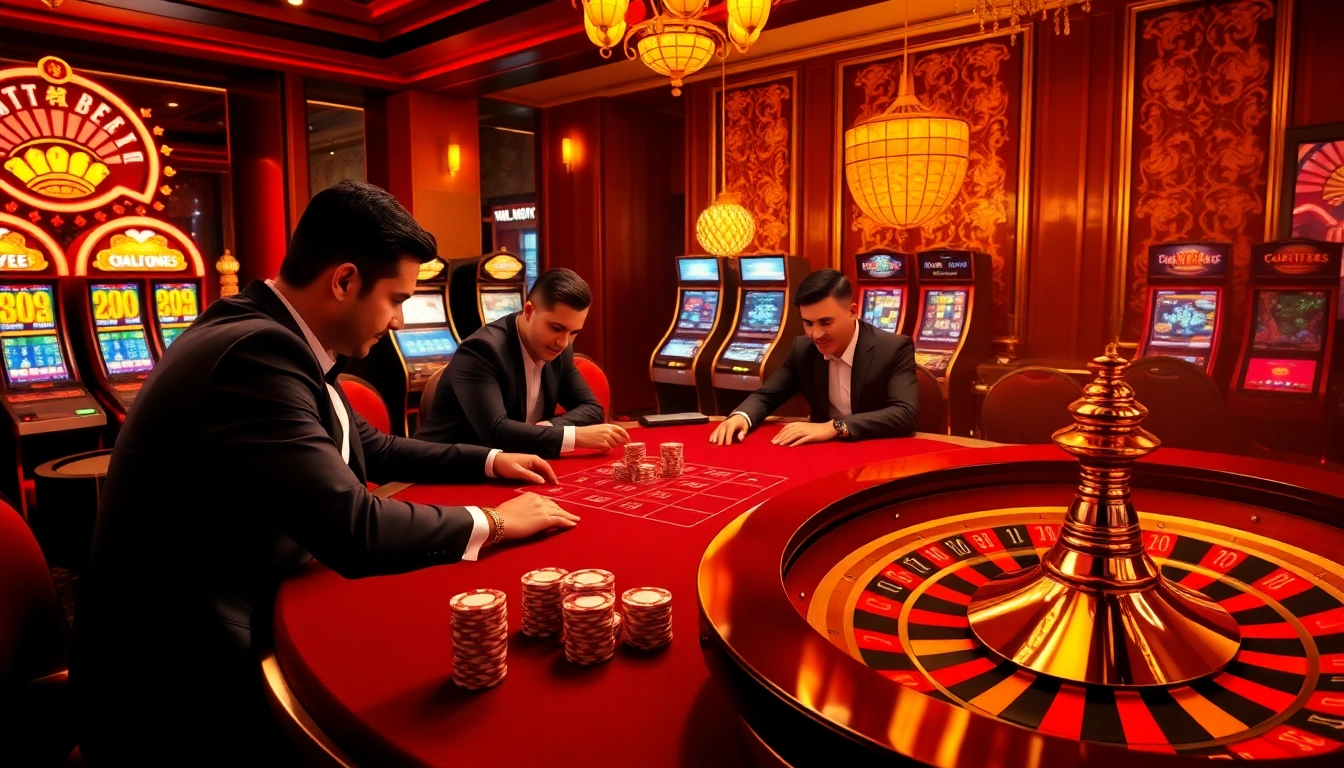 Players engaged in a high-stakes poker game at Keonhacai5's luxurious casino scene.