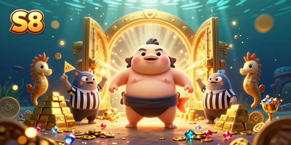 S8 casino scene with a playful fugu, wise catfish referee, and seahorses celebrating amidst treasures