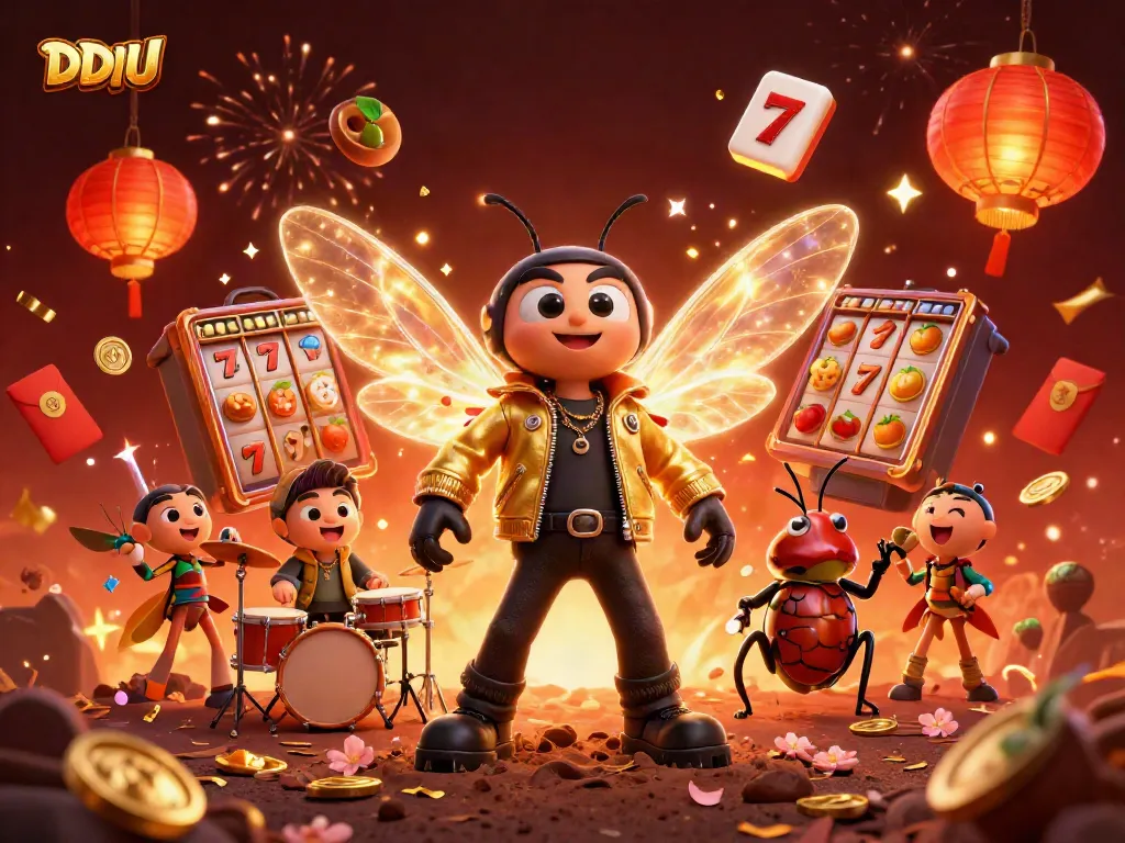 Engage with DDUU's thrilling casino experience, featuring vibrant illustrations of rockstar-themed gambling elements.
