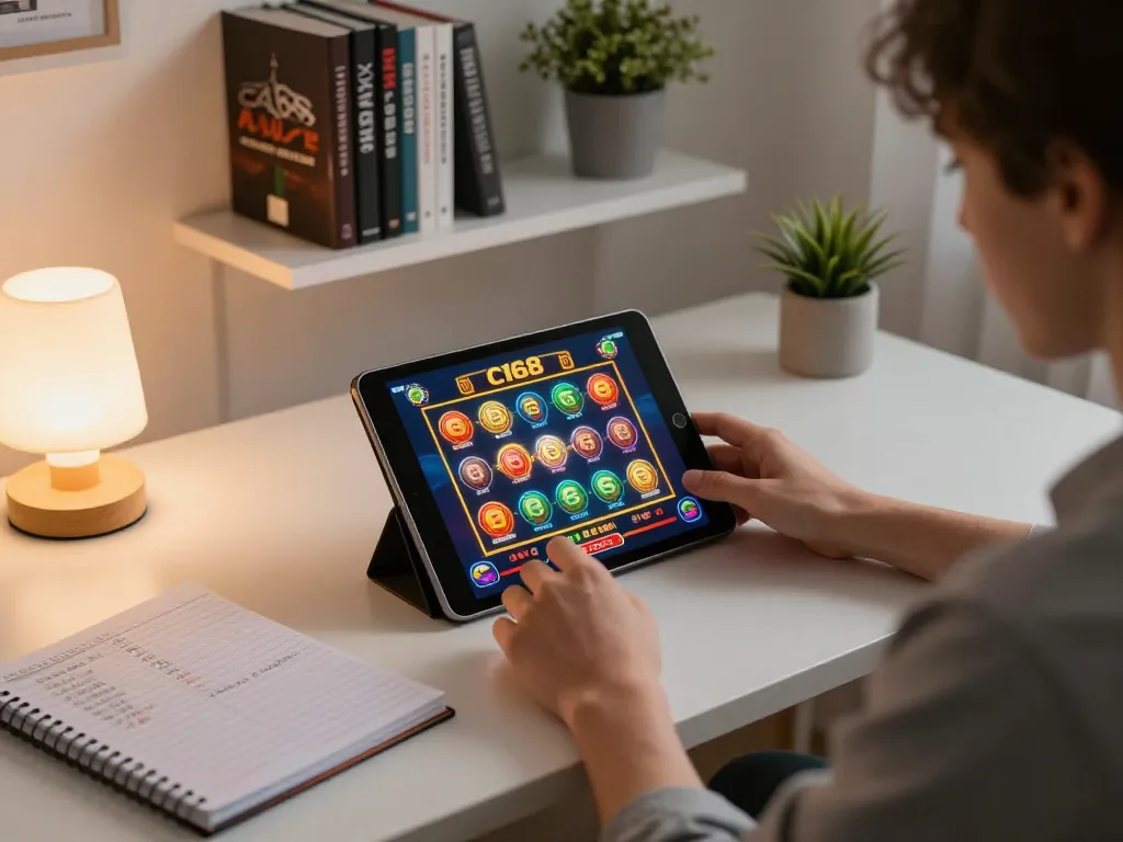 C168 player engaged in online slot gaming on a tablet with betting strategies nearby.