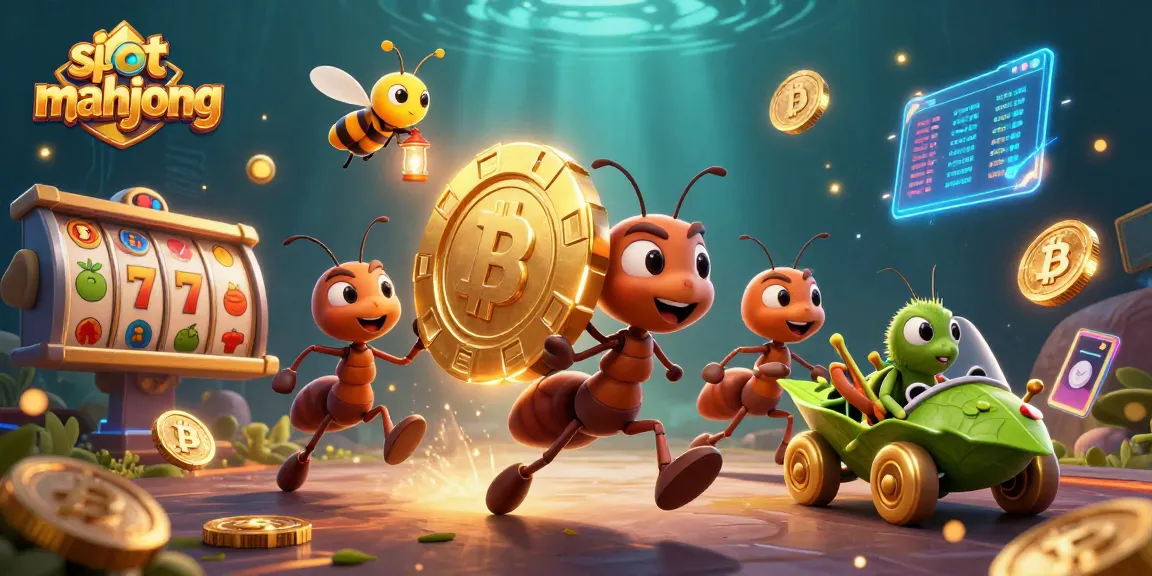 Play slot mahjong with 3D animated ants carrying a giant poker chip in a vibrant casino escape scene.