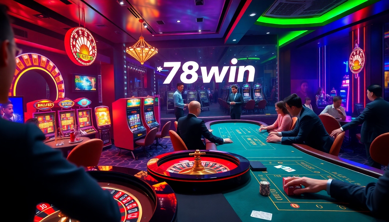 Catch the excitement at 78win casino with vibrant roulette wheel and slot machines.