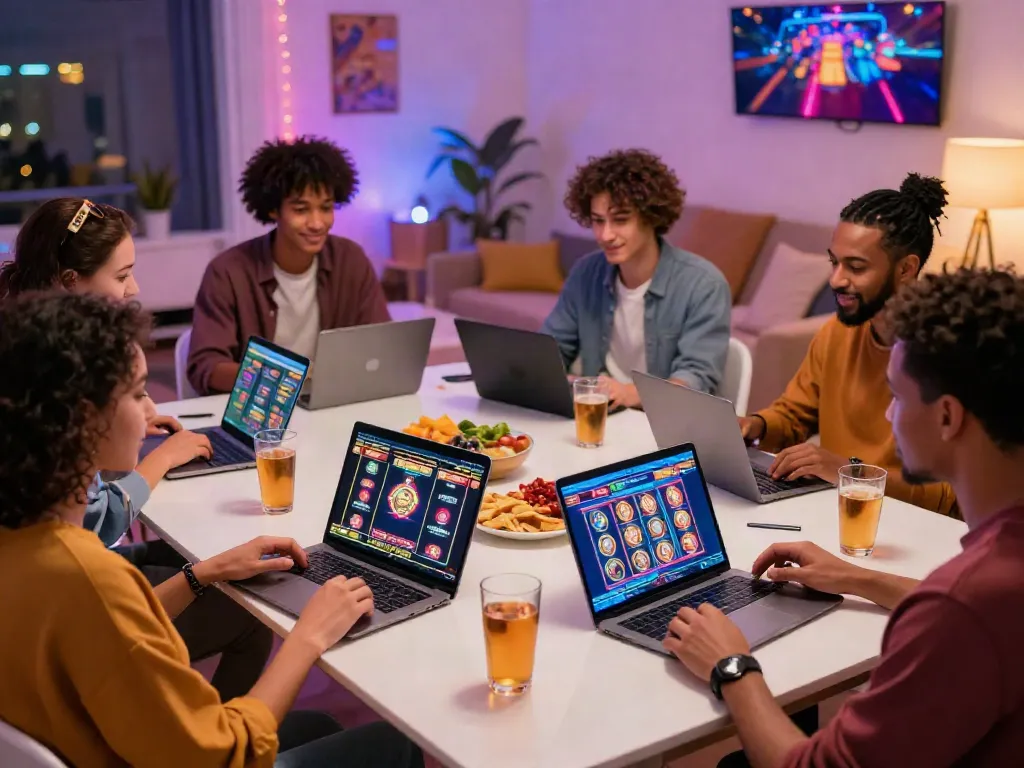 Amigos se divertindo jogando Slot online em um ambiente de festa animado.