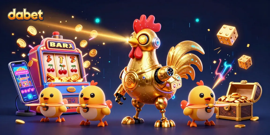 Dabet inspires players with a vibrant 3D slot machine and playful golden rooster robot scene.