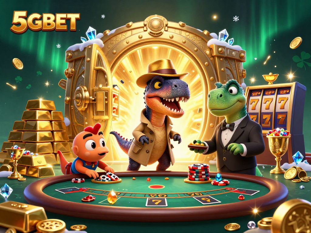 5GBET features a velociraptor playing blackjack, surrounded by gold and gems, delivering fun and excitement.