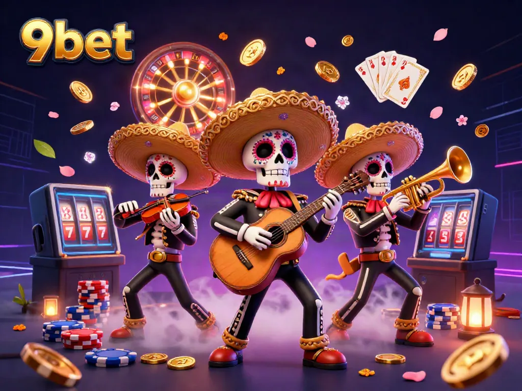 Experience exciting gaming action with 9bet's vibrant 3D casino illustration, showcasing lively mariachi characters.