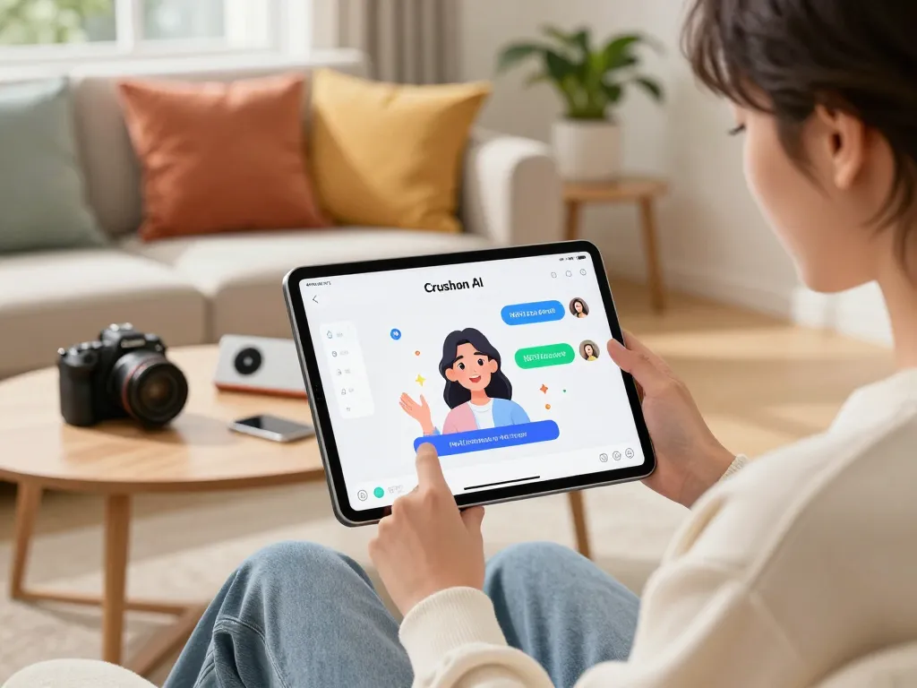 User interacting with Crush on AI platform on a tablet in a cozy living room, illustrating engaging character chats.