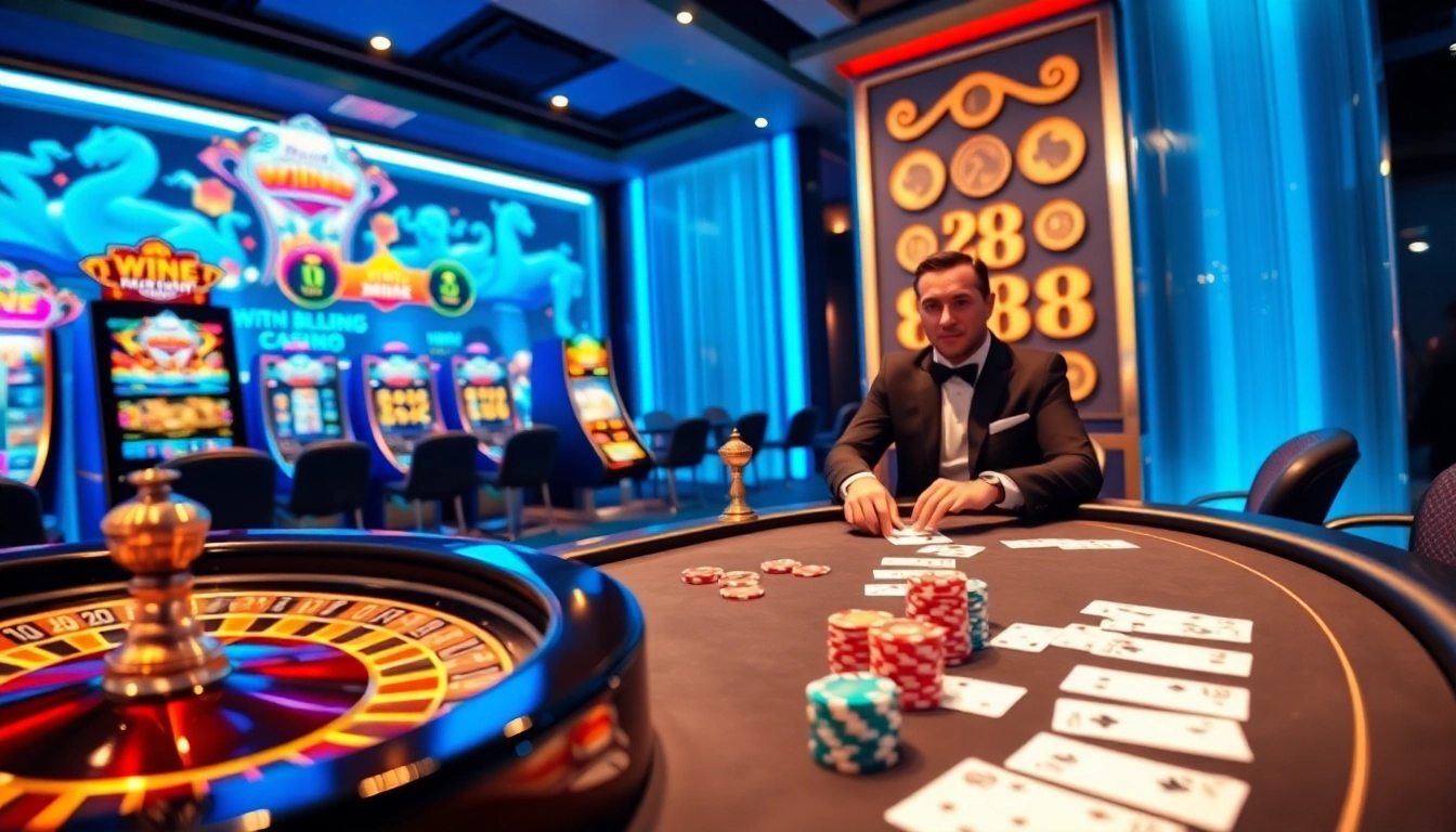 Experience the thrill of win 88 with engaging online gambling visuals, including poker chips and vibrant slot machines.