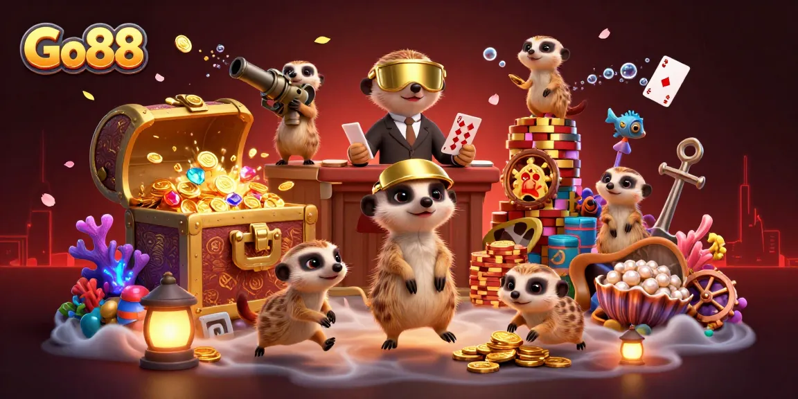 Experience thrilling gameplay at Go88 with meerkats running a vibrant casino operation.