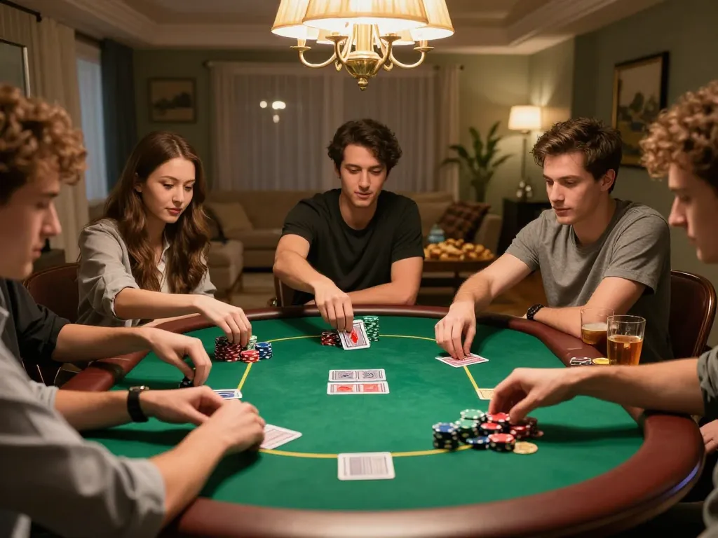 Friends playing game đánh bài đổi thưởng at a home poker night with vibrant chips on the table.