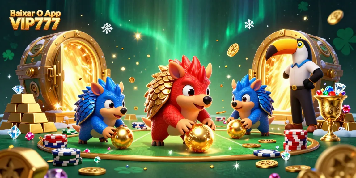 Baixar O App VIP777 while experiencing dynamic casino action with cartoon pangolins and sparkling treasures.