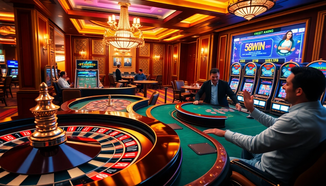 Players enjoying thrilling games at 58WIN's vibrant casino atmosphere.