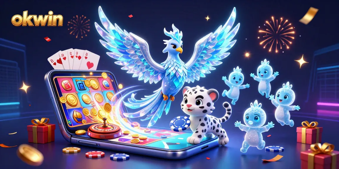 okwin showcases an energetic 3D scene with vibrant casino elements and engaging characters.