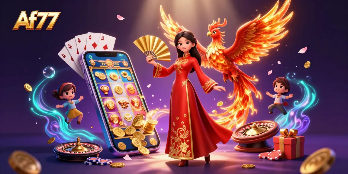 Experience thrilling gaming action at Af77 with vibrant slots and iconic casino elements.