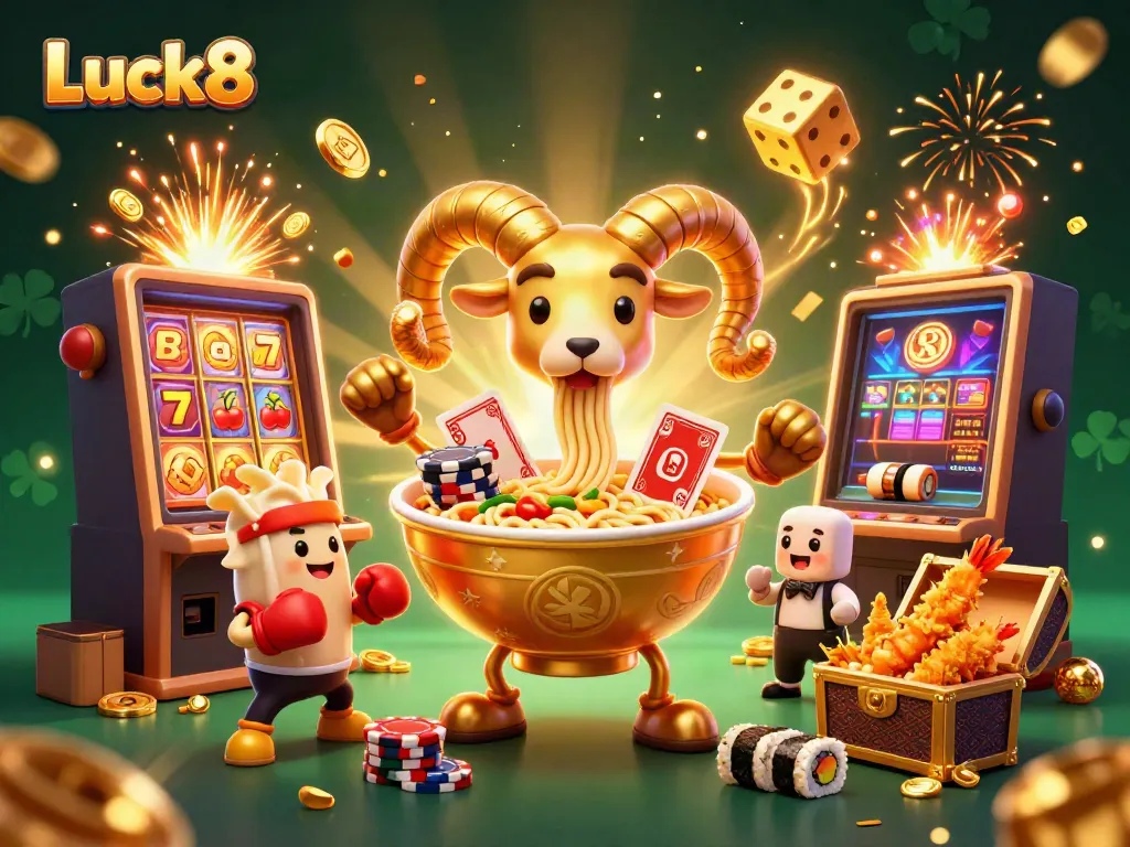 Luck8 showcases vibrant 3D characters dealing cards and chips in a dynamic casino scene.